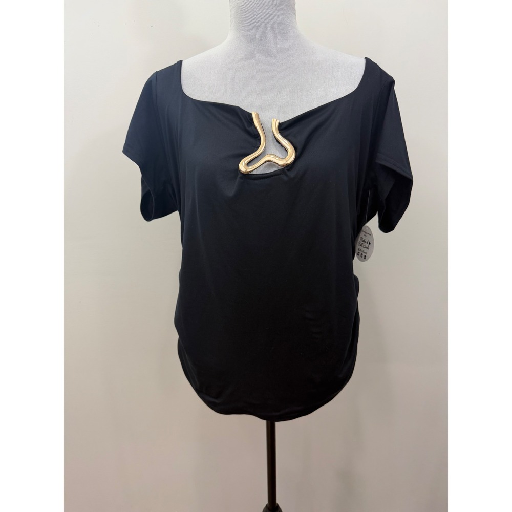 Jolie & Joy Black Short Sleeve Ruched Top Gold Hardware Accent 3X X4Q1869C